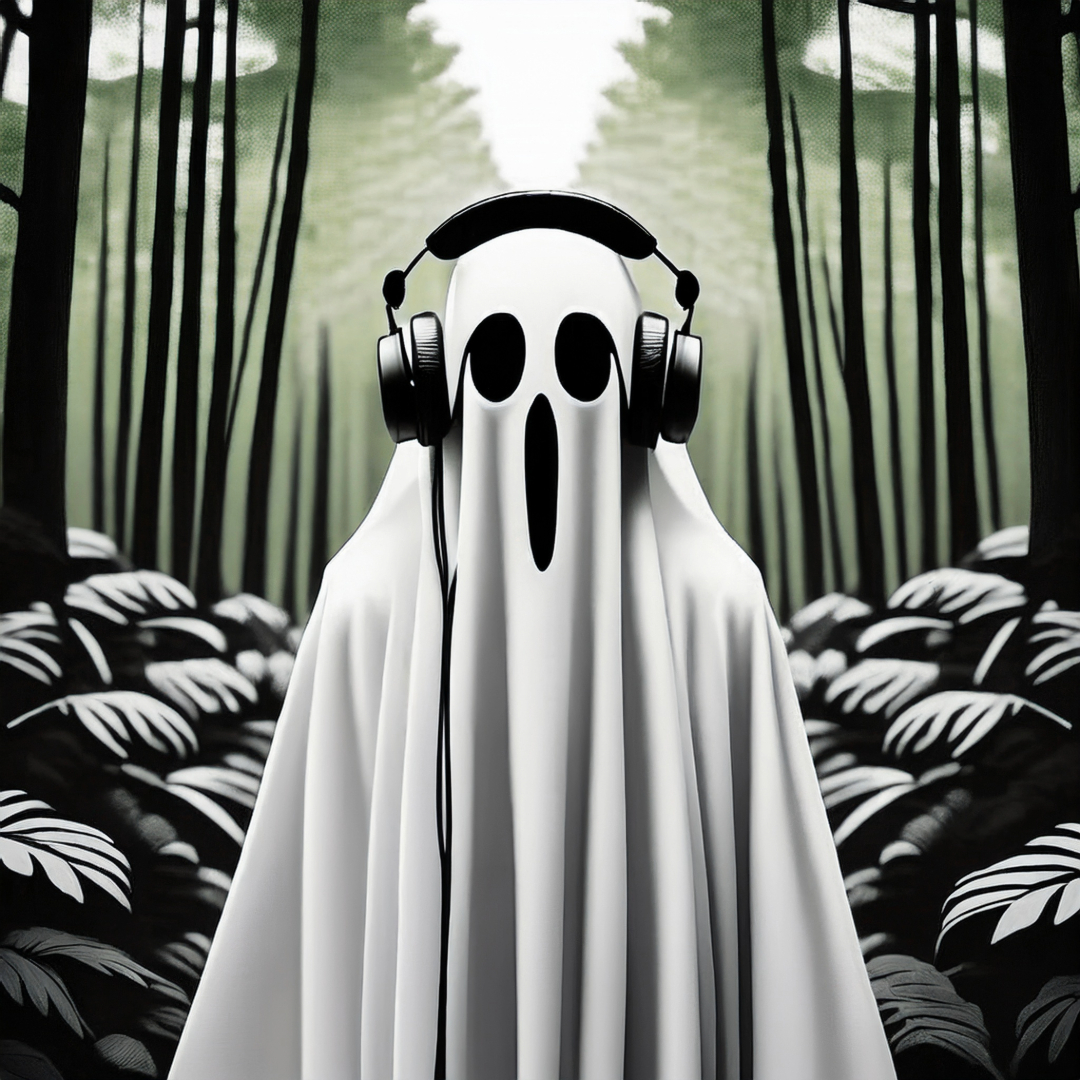 A Person stands in a costume of ghost in a white sheet in a green forest with headphones on to symbolise the dating term ghosting audio version.