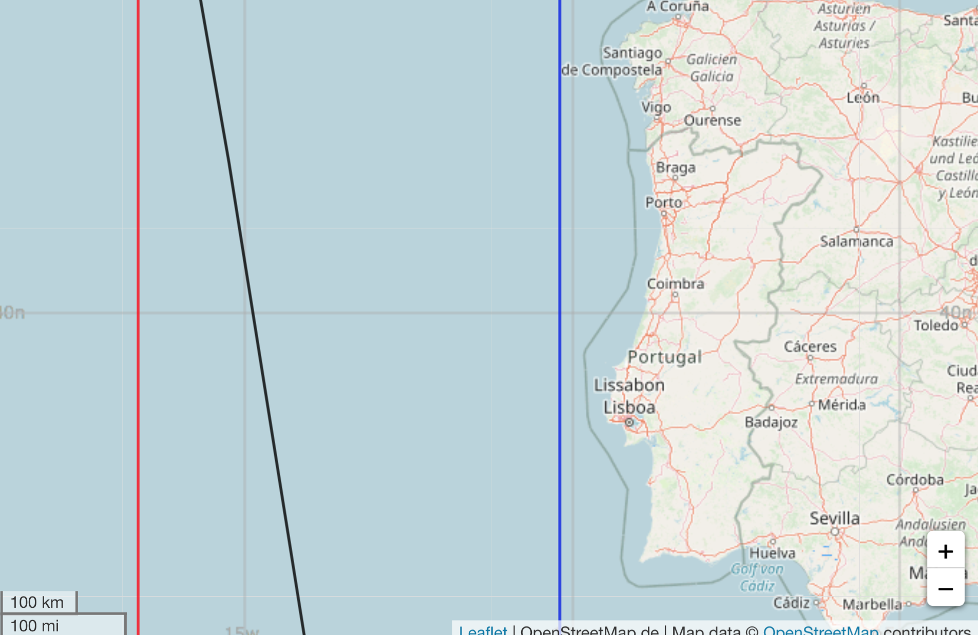 a map of the coast of coast of Portugal with a red line for Mars, a blue line for moon in IC and a black line for Pluto line close to Lisbon