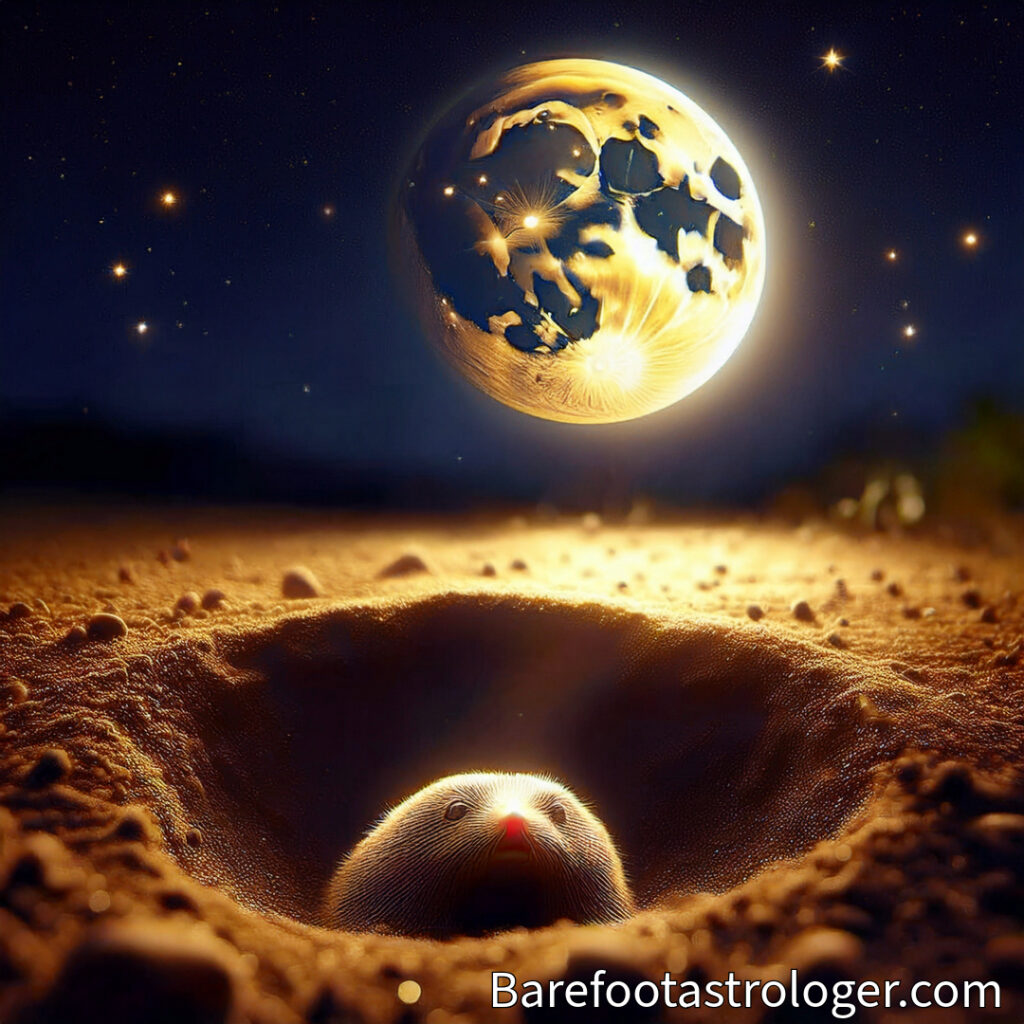 A Dark blue Sky with New Moon Manifestation Time Rising Over the Soii in the brown soil, a furry mole peaks it's head out of a hole 