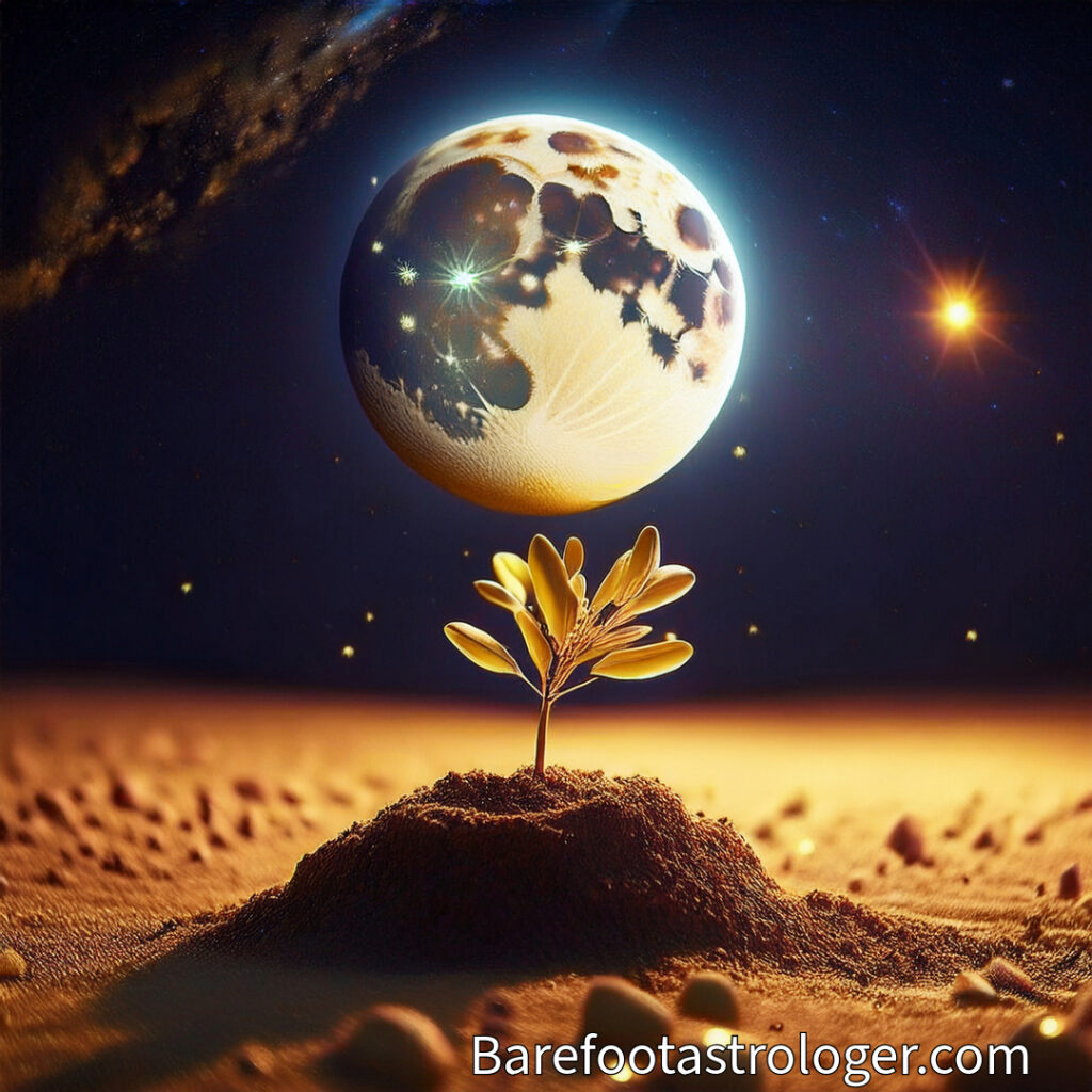 A Dark blue Sky with the Moon Rising Over Soil. The earth under moonlight which has grown sprouted a small leaf tree
