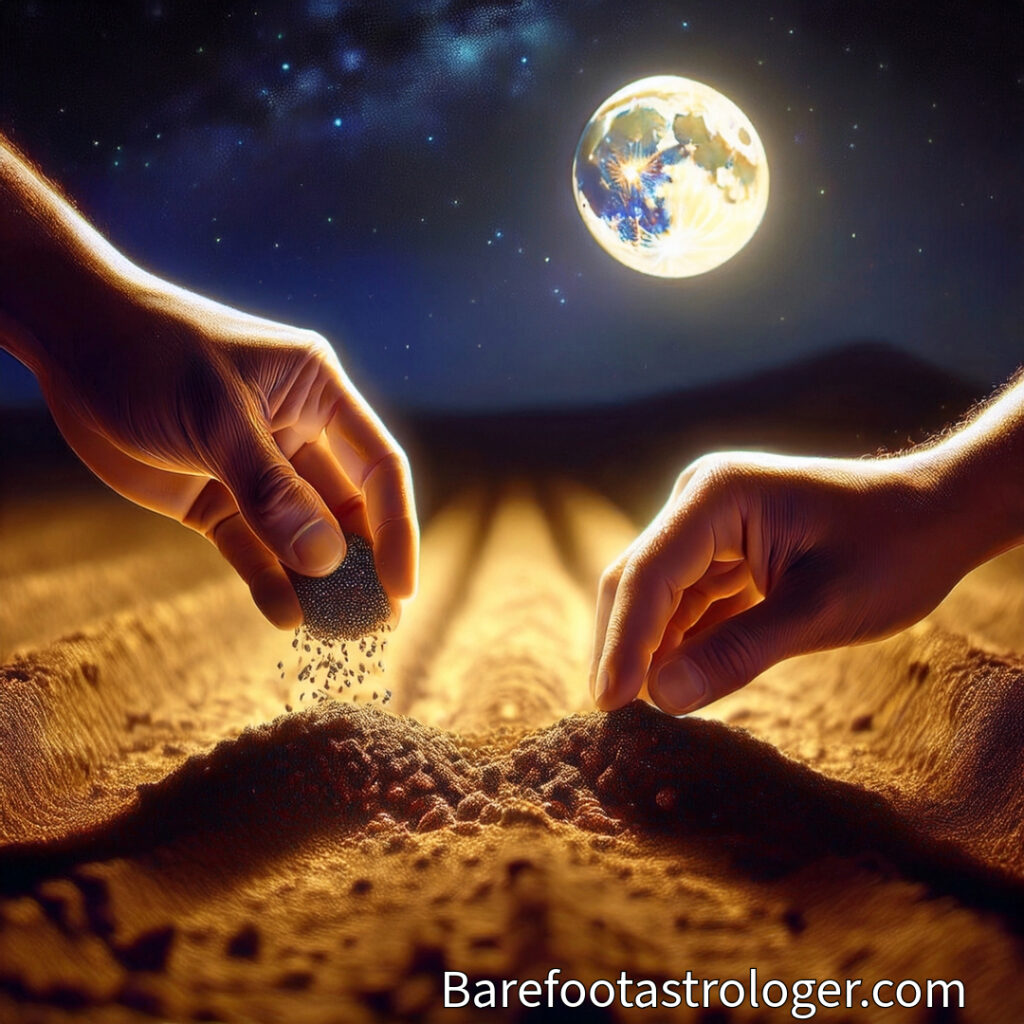 A Dark blue Sky with New Moon Manifestation Time Rising Over Soil. Two hands plant seeds in the brown soil 