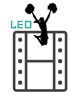 A silhouette of a cheerleader with two pom-poms jumps in the air behind her; it is a Black lined negative film and at the top left, the word 'Leo' is written in teal to symbolise the truth about Leo in astrology