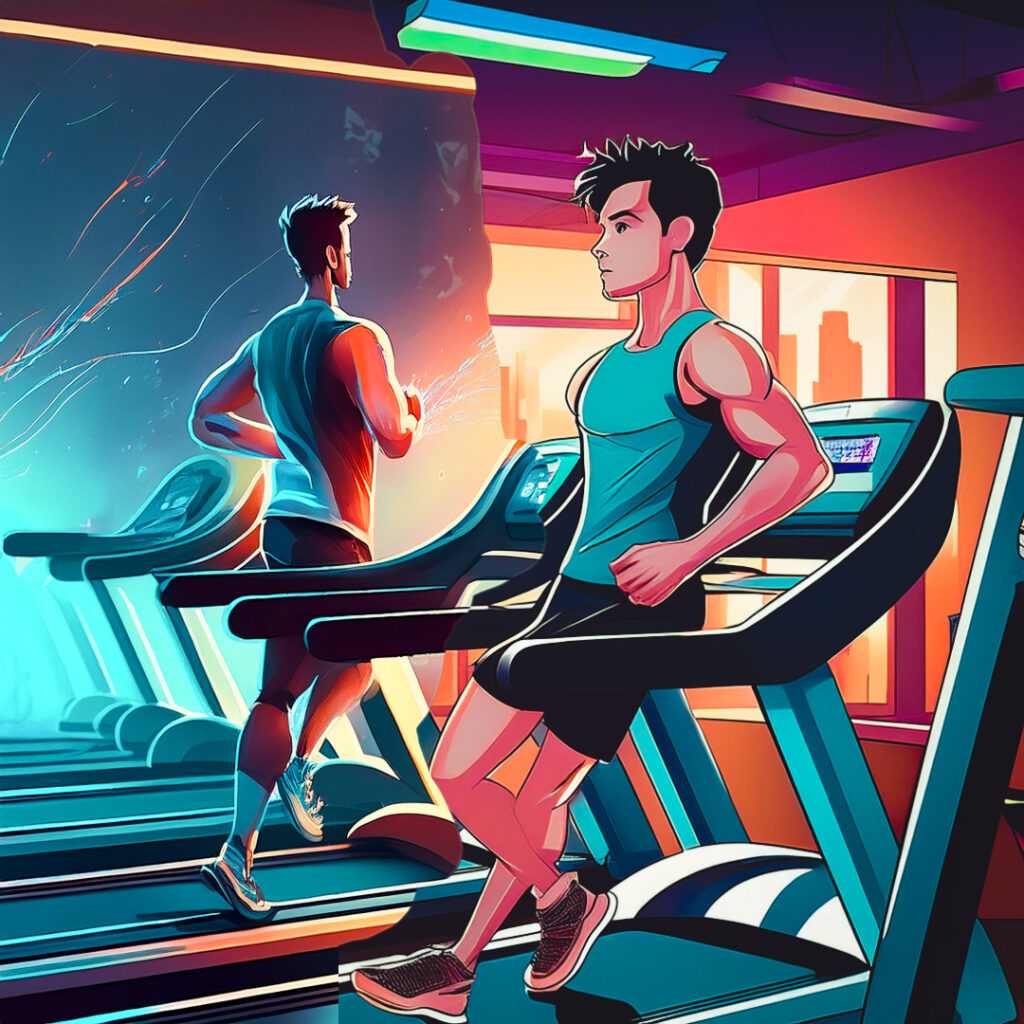 Two men on treadmills one going forward the other going backwards 