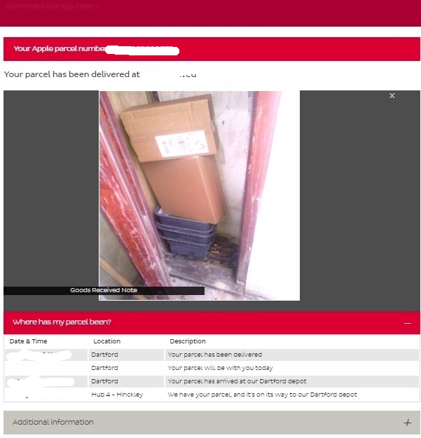 A screenshotof DPD photograph of my apple products proof of delivery with boxes left in a outdoor storage