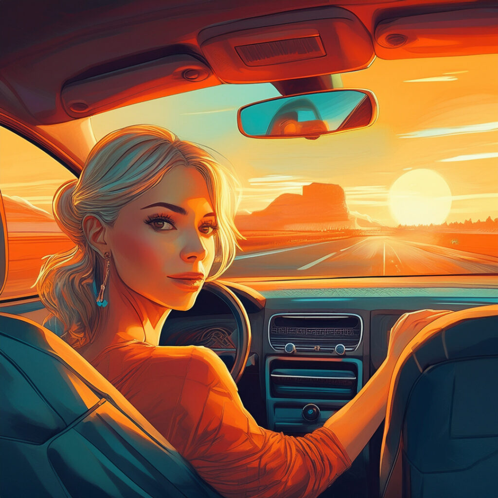 An illustration of a woman driving at sunset looks behind her as she is about to reverse the car. The image is to symbolise mercury retrograde going backwards. 