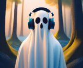 costume of a ghost in a white sheet in a soft pink and green forest with headphones. A digital illustation to symbolise the dating term ghosting audio version.