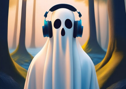 costume of a ghost in a white sheet in a soft pink and green forest with headphones. A digital illustation to symbolise the dating term ghosting audio version.