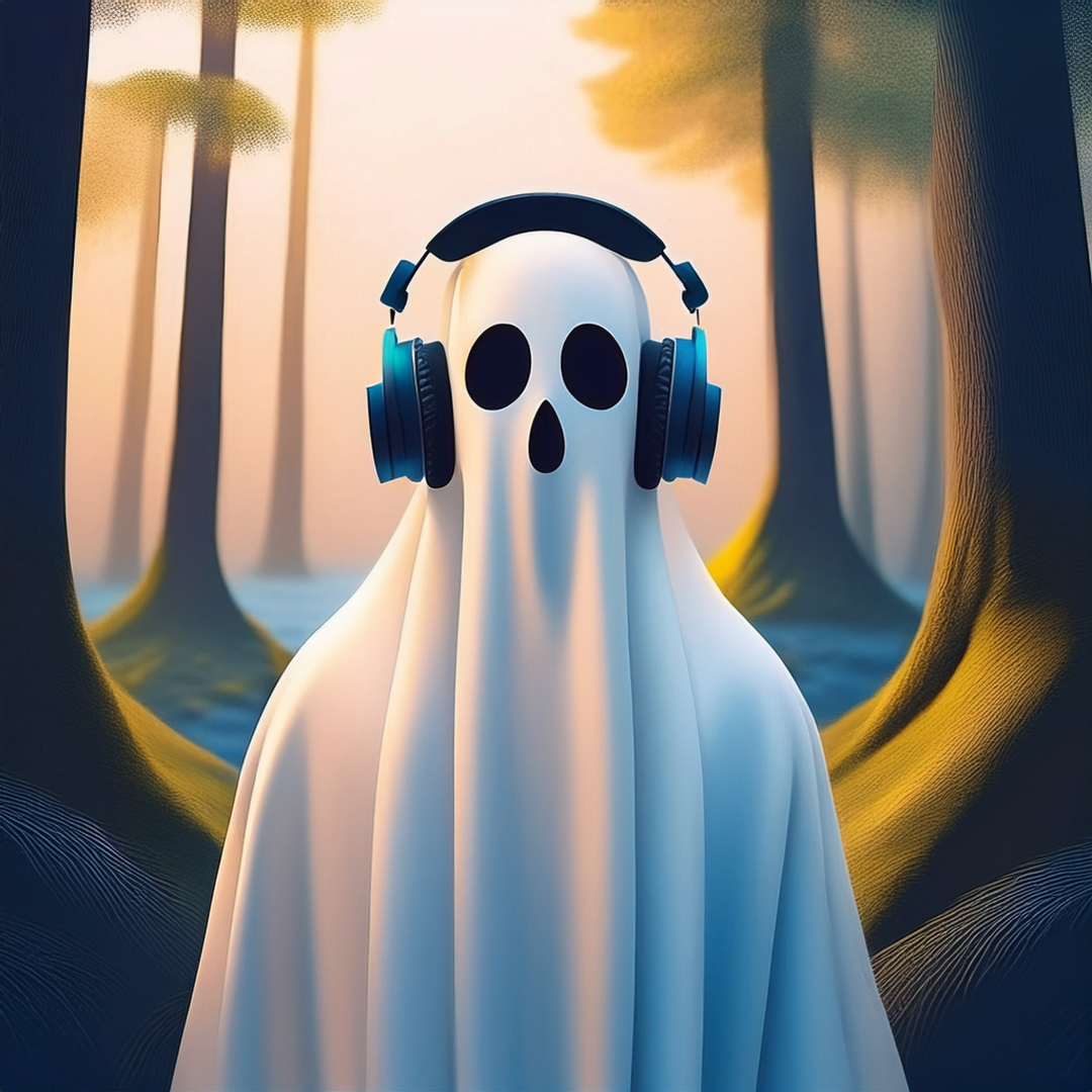 costume of a ghost in a white sheet in a soft pink and green forest with headphones. A digital illustation to symbolise the dating term ghosting audio version.