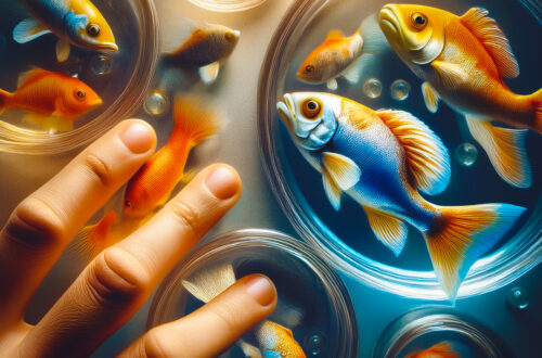 A hand on a laboratory lightbox table that has colourful fish specimens in glass dishes