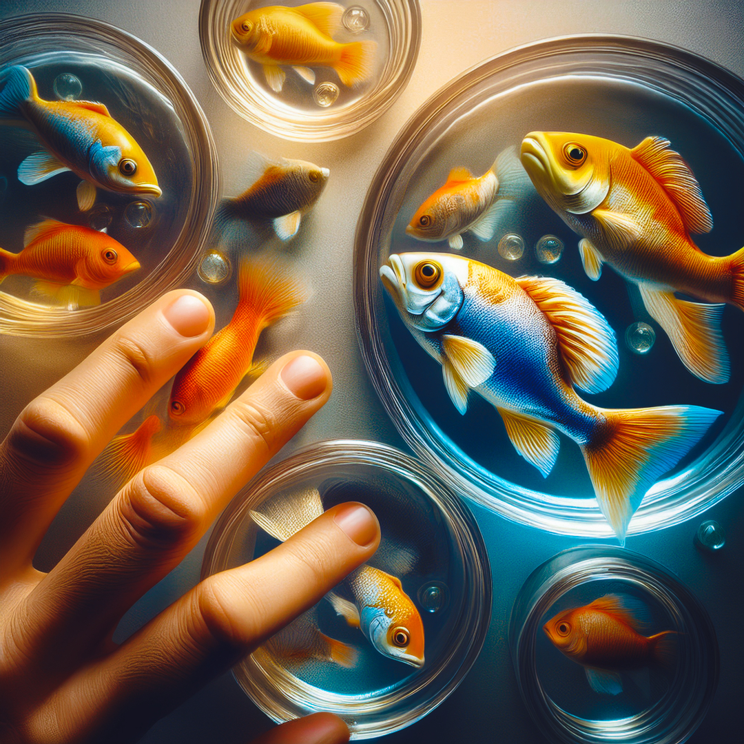 A hand on a laboratory lightbox table that has colourful fish specimens in glass dishes