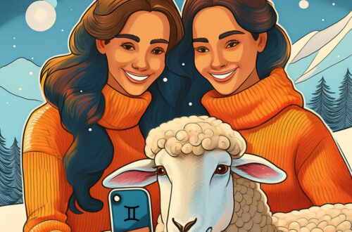 Too brunette headed twin smile in front of a camera phone with a Gemini glyph on the back stand in front of a mountainous snowy region at night as they pose with a sheep this is to symbolise the compatibility of Gemini the twins with Aries the sheep