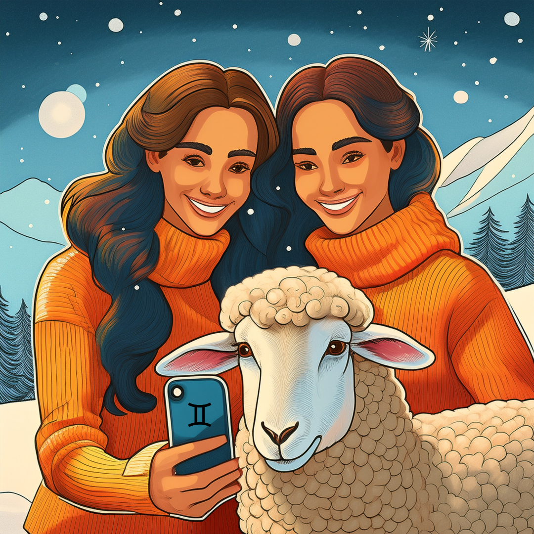 Too brunette headed twin smile in front of a camera phone with a Gemini glyph on the back stand in front of a mountainous snowy region at night as they pose with a sheep this is to symbolise the compatibility of Gemini the twins with Aries the sheep