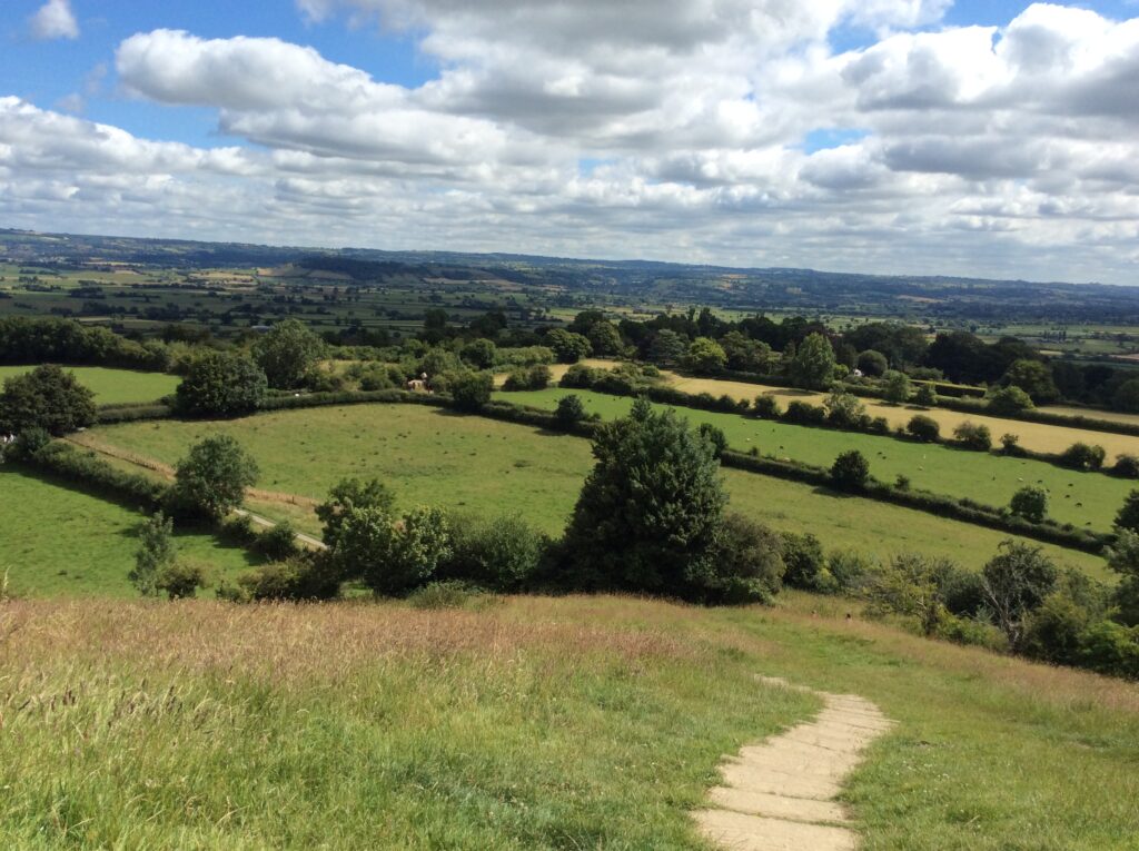 My photograph of the view of the green landscape from the top of the Tor in Glastonbury. 
