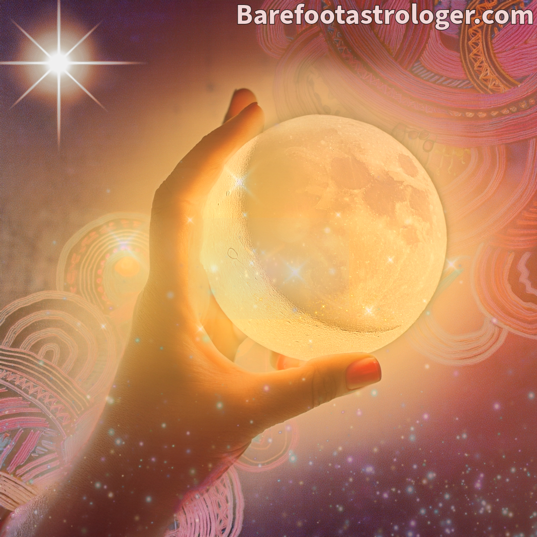 A woman's hand with light orange nail polish holds a round moon underneath a magic firefly photo overlay, sparkle dust. A golden star burst in the top left corner. In the background are multicoloured pink, purple, and green geometric swirly shapes. On the top right is the website name, barefootastrologer.com