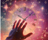 A hand reaching out to Clock hands aligning with zodiac Capricorn and Scopio symbols, stars with pink and purple radiant lit sky.