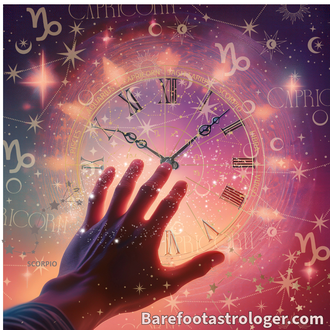 A hand reaching out to Clock hands aligning with zodiac Capricorn and Scopio symbols, stars with pink and purple radiant lit sky.