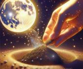 A dark blue starry sky with the New Moon intention lunar cycle rising over soil with a hand planting a seed in the brown soil.