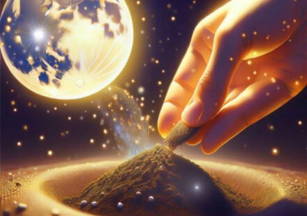 A dark blue starry sky with the New Moon intention lunar cycle rising over soil with a hand planting a seed in the brown soil.