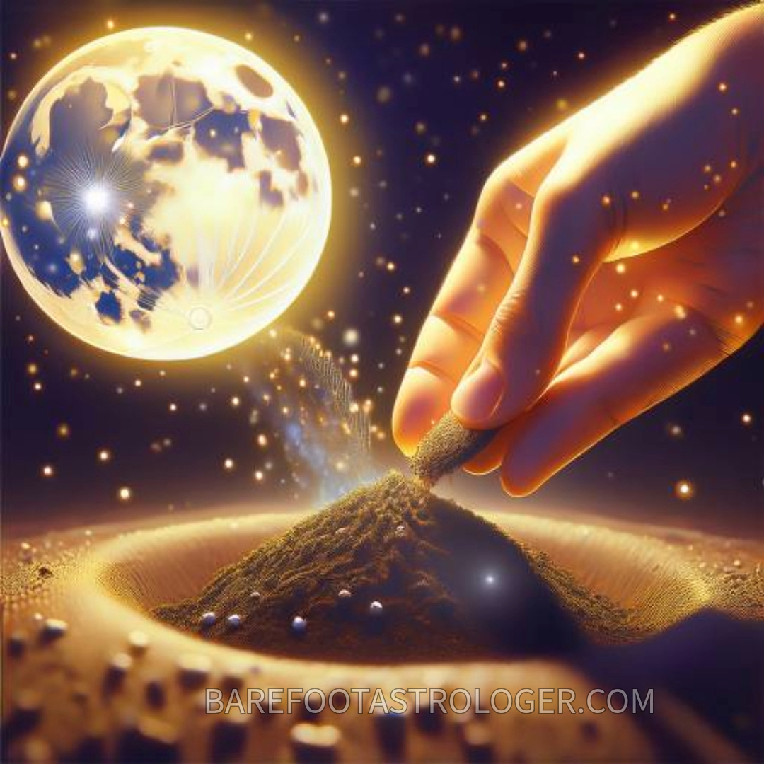 A dark blue starry sky with the New Moon intention lunar cycle rising over soil with a hand planting a seed in the brown soil.