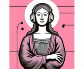 Illustration of a friendly woman inspired by the Mona Lisa, wearing large headphones and a soft smile, with a pink background — representing our blog’s new audio versions for accessible astrology content ffwd.audio