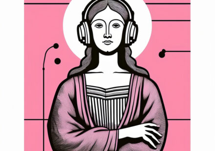 Illustration of a friendly woman inspired by the Mona Lisa, wearing large headphones and a soft smile, with a pink background — representing our blog’s new audio versions for accessible astrology content ffwd.audio