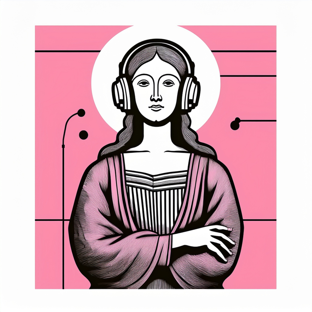 Illustration of a friendly woman inspired by the Mona Lisa, wearing large headphones and a soft smile, with a pink background — representing our blog’s new audio versions for accessible astrology content ffwd.audio