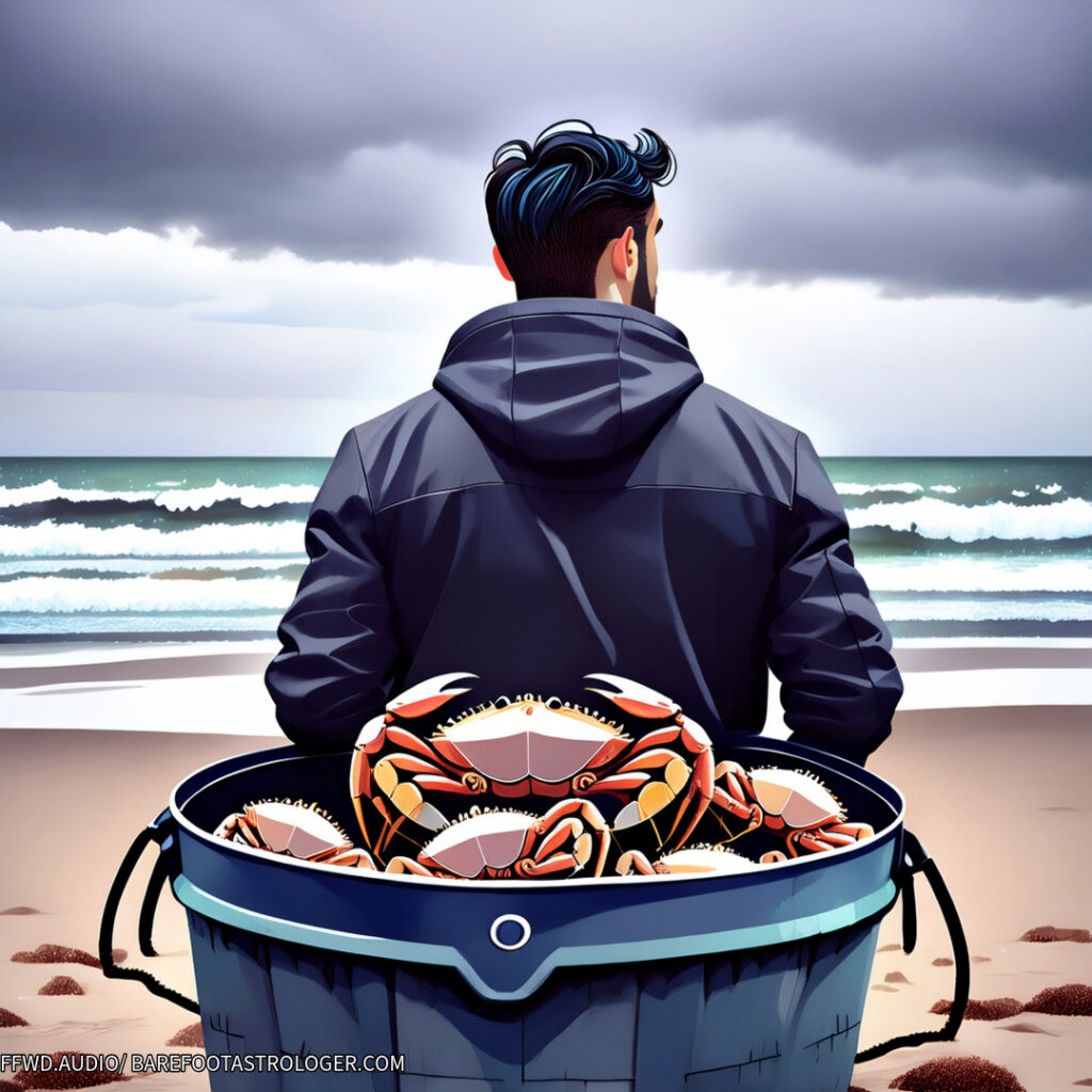 A digital illustration of a  back profile of a man wearing a hooded dark top stands on the beach looking at the waves and the cloudy, gloomy day with a bucket filled with crabs behind him. To depict a Toxic Cancer Man in astrology 