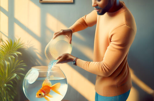 An illustration of a man in his apartment. The wall has a framed picture of fish skelton bone structure and shade/ shodow hits the wall. The man pours a goldfish into a bowl. The bowl is perched on a dark brown table to symbolise Aquarius compatibility with a Pisces.