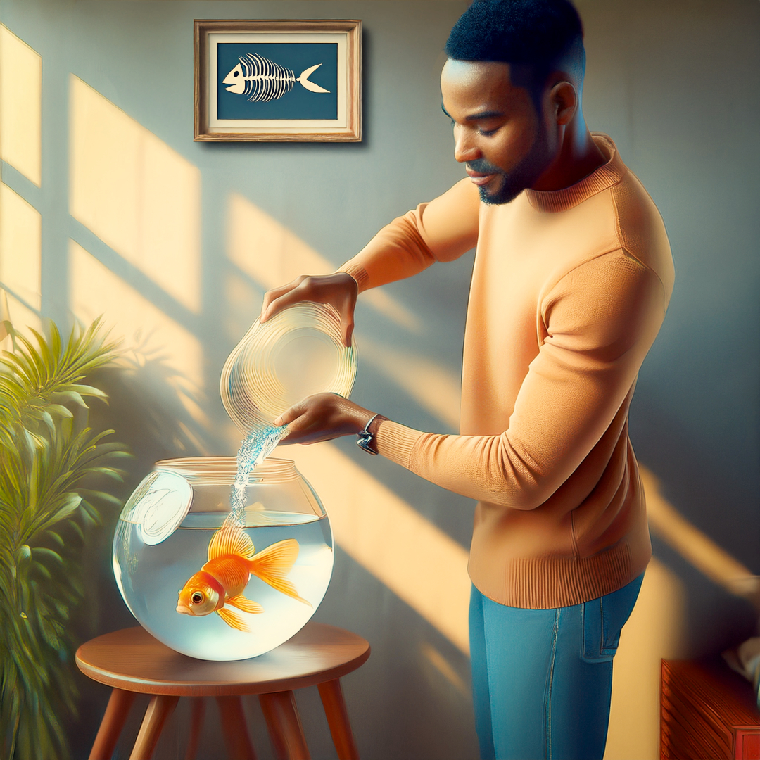 An illustration of a man in his apartment. The wall has a framed picture of fish skelton bone structure and shade/ shodow hits the wall. The man pours a goldfish into a bowl. The bowl is perched on a dark brown table to symbolise Aquarius compatibility with a Pisces.