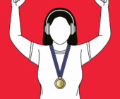 Illustration featuring a minimalist black line drawing of a happy, faceless woman with headphones, arms in the air, wearing a gold number 1 round medal with blue suspension ribbon around her neck, set against a red background to depict the truth about Aries Audio Version