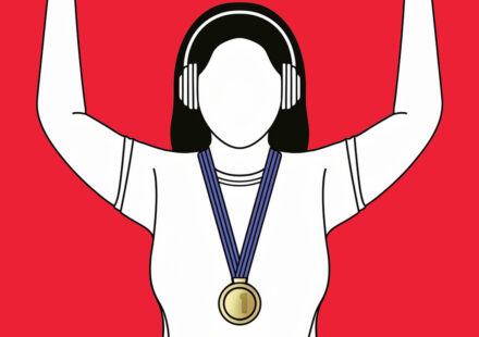 Illustration featuring a minimalist black line drawing of a happy, faceless woman with headphones, arms in the air, wearing a gold number 1 round medal with blue suspension ribbon around her neck, set against a red background to depict the truth about Aries Audio Version