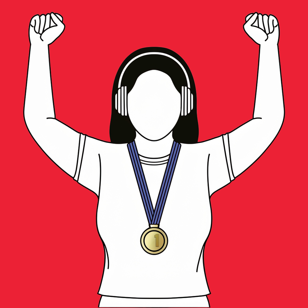 Illustration featuring a minimalist black line drawing of a happy, faceless woman with headphones, arms in the air, wearing a gold number 1 round medal with blue suspension ribbon around her neck, set against a red background to depict the truth about Aries Audio Version
