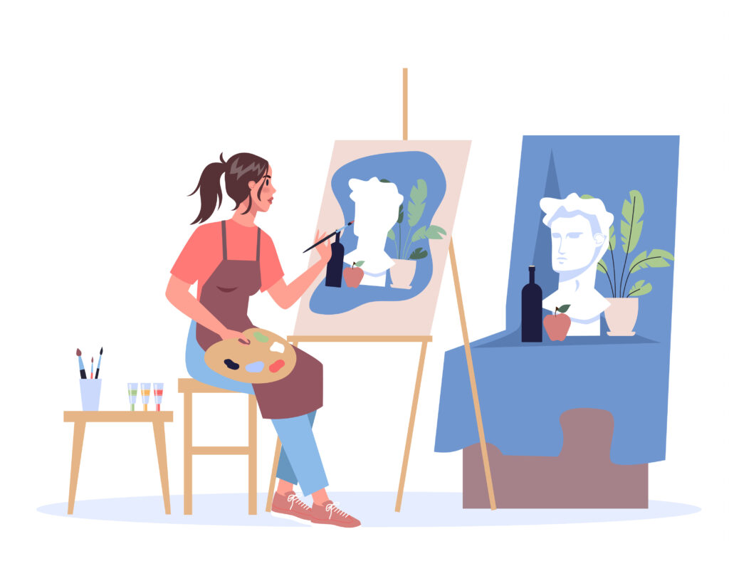 A woman artist sitting at the easel and painting. Young painter with palette. Creative profession. Vector illustration in flat style isolated  to depict An artistic Taurus