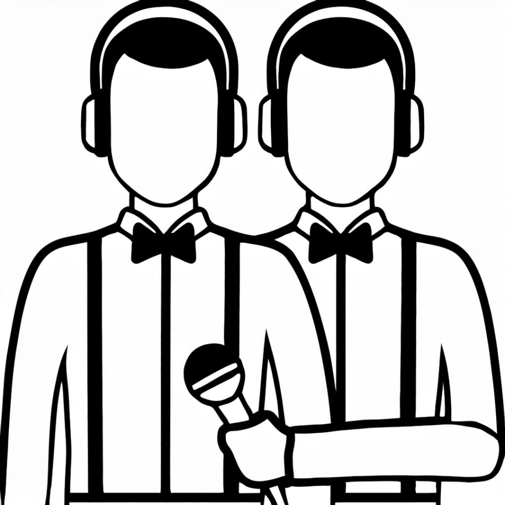 A black-lined illustration of two identical commentators in bowties, men's suspenders, Braces with the one on the right holds a microphone, both wearing headphones to depict the truth about Gemini Audio Version