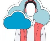 Illustration of a person wearing red headphones and a red vest, surrounded by large colorful cloud icons in blue and red, symbolizing audio streaming and digital content. Concept art for The Truth About Cancer (Zodiac) audio version.