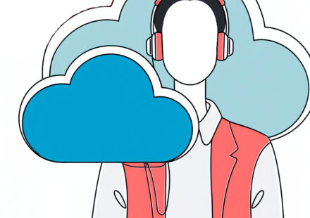 Illustration of a person wearing red headphones and a red vest, surrounded by large colorful cloud icons in blue and red, symbolizing audio streaming and digital content. Concept art for The Truth About Cancer (Zodiac) audio version.