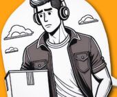 A worried man outside carrying a box and wearing headphones. Behind him is a white cutout background with one black lined clouds, three in total. Orange is the background behind the cutout line art symbolising audio streaming and digital content. Concept art for the Truth about Cancer (Zodiac) audio version.