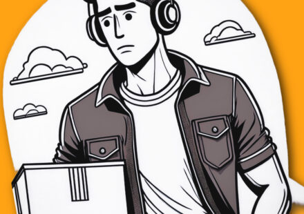 A worried man outside carrying a box and wearing headphones. Behind him is a white cutout background with one black lined clouds, three in total. Orange is the background behind the cutout line art symbolising audio streaming and digital content. Concept art for the Truth about Cancer (Zodiac) audio version.