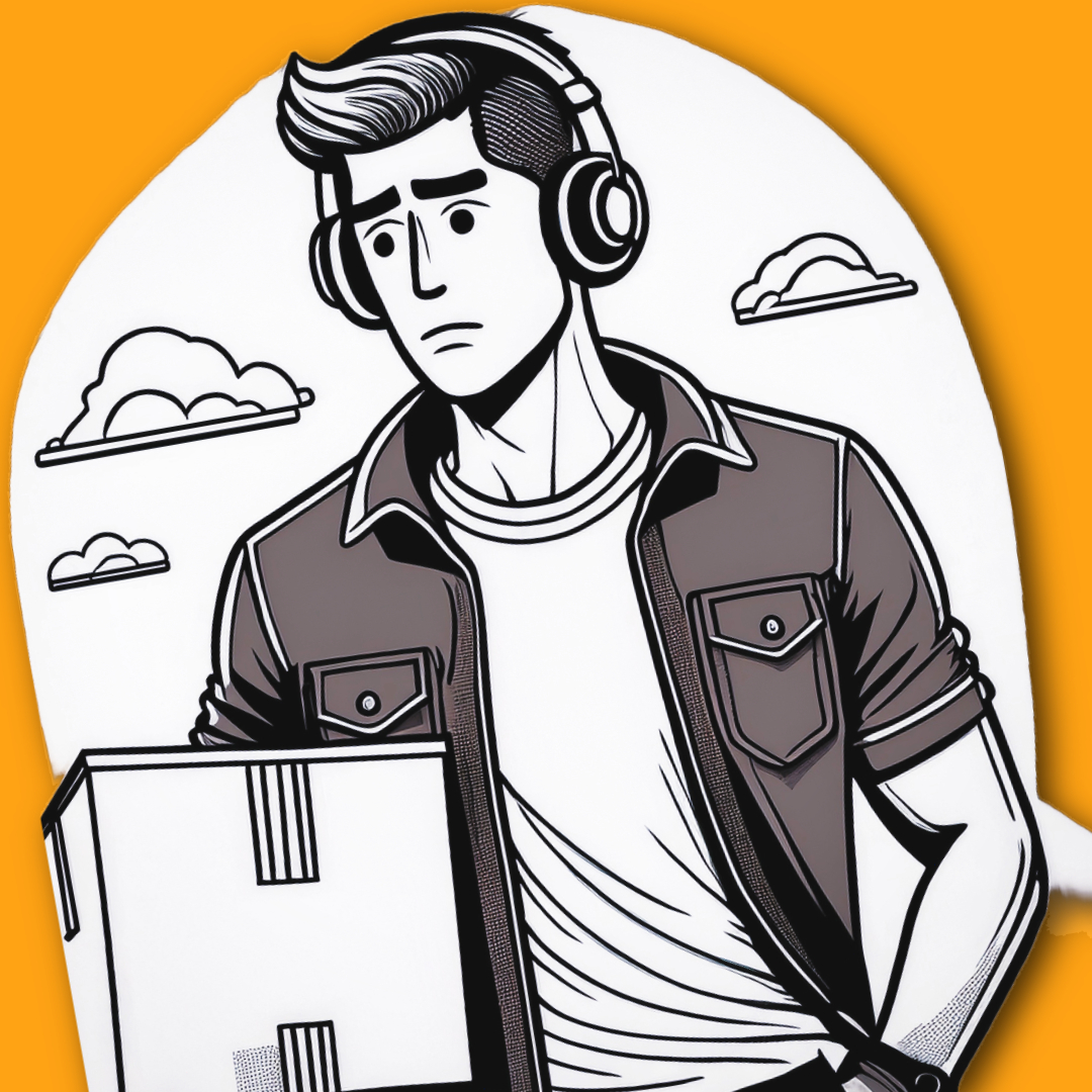 A worried man outside carrying a box and wearing headphones. Behind him is a white cutout background with one black lined clouds, three in total. Orange is the background behind the cutout line art symbolising audio streaming and digital content. Concept art for the Truth about Cancer (Zodiac) audio version.