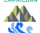 Image of word 'Capricorn' in text, with coloured mountains and blue water waves to represent Capricorn being half sea / mountain goat