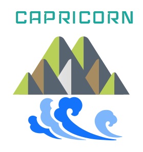 Image of word 'Capricorn' in text, with coloured mountains and blue water waves to represent Capricorn being half sea / mountain goat