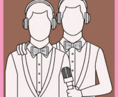 A lined illustration of two identical-looking men in bowties, buttoned shirts and jacket suits, with the taller man on the rights arm around each other mans shoulder and the one on the right also holds a microphone, both wearing headphones set on a brown background with a pink border to demonstrate The Truth about Gemini Audio Version
