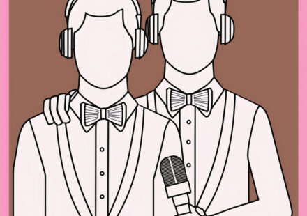 A lined illustration of two identical-looking men in bowties, buttoned shirts and jacket suits, with the taller man on the rights arm around each other mans shoulder and the one on the right also holds a microphone, both wearing headphones set on a brown background with a pink border to demonstrate The Truth about Gemini Audio Version