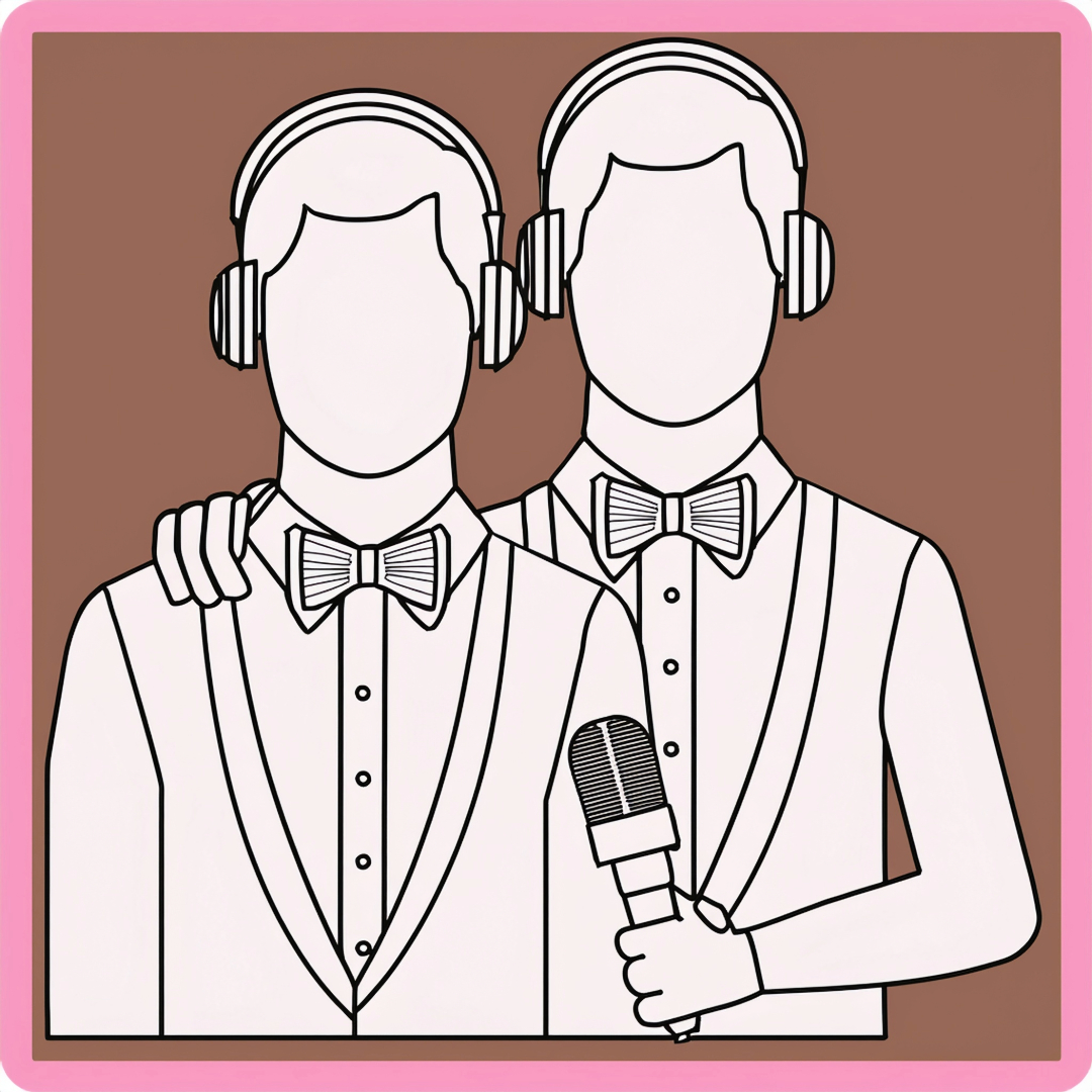 A lined illustration of two identical-looking men in bowties, buttoned shirts and jacket suits, with the taller man on the rights arm around each other mans shoulder and the one on the right also holds a microphone, both wearing headphones set on a brown background with a pink border to demonstrate The Truth about Gemini Audio Version