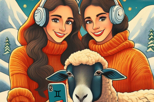 Two brunette twins both wearing headphones an orange sweater one twin holds a phone that has a Gemini glyph on it. She and her twin are about to take a selfie with the a sheep in the middle of piste and a starry night sky to depict Aries the sheep compatibility with Gemini the twins audio version of blog post