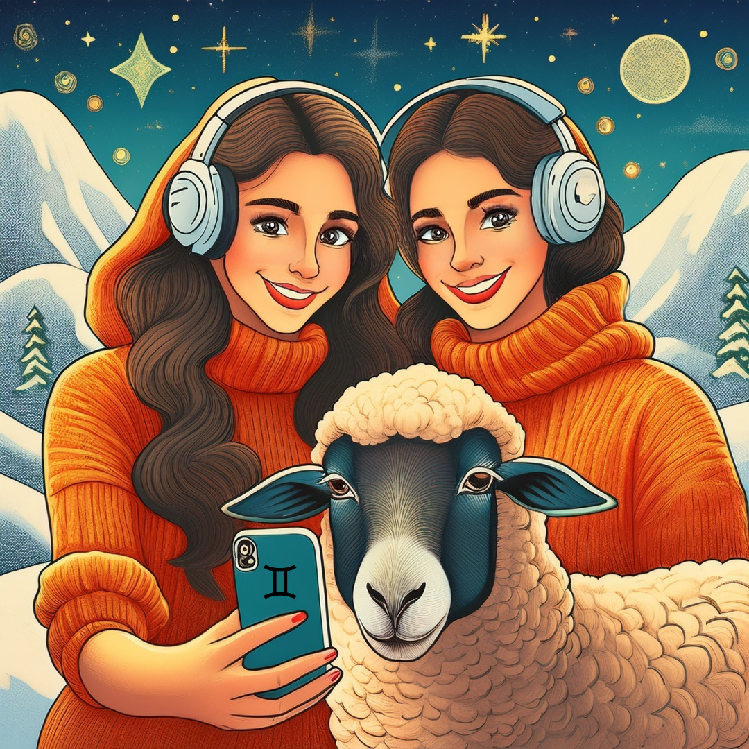 Two brunette twins both wearing headphones an orange sweater one twin holds a phone that has a Gemini glyph on it. She and her twin are about to take a selfie with the a sheep in the middle of piste and a starry night sky to depict Aries the sheep compatibility with Gemini the twins audio version of blog post