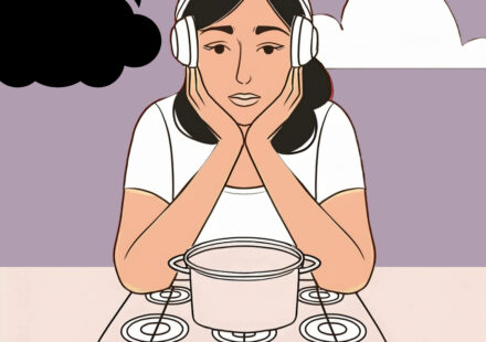 A coloured illustration of a Cancer woman with big headphones on, in a kitchen, resting her chin in her hands, clearly “lost in thought” or looking worried while a pot simmers on the stove. Behind her is a mauve background with one black cloud and a black sun peeking through and another cloud, this time white, symbolising audio streaming and digital content. Concept art for How to Spot a Cancer (Zodiac) Woman audio version.