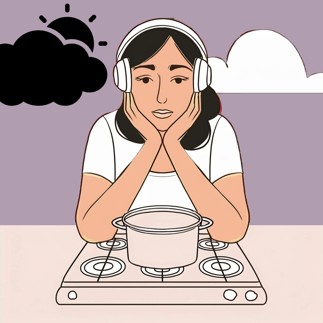 A coloured illustration of a Cancer woman with big headphones on, in a kitchen, resting her chin in her hands, clearly “lost in thought” or looking worried while a pot simmers on the stove. Behind her is a mauve background with one black cloud and a black sun peeking through and another cloud, this time white, symbolising audio streaming and digital content. Concept art for How to Spot a Cancer (Zodiac) Woman audio version.