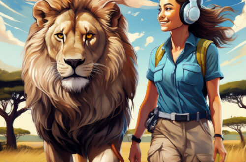 a conservationist has headphones on as she walks through the Safari with a giant lion. This illustration artwork is to symbolise the compatibility of a Leo with a Virgo.