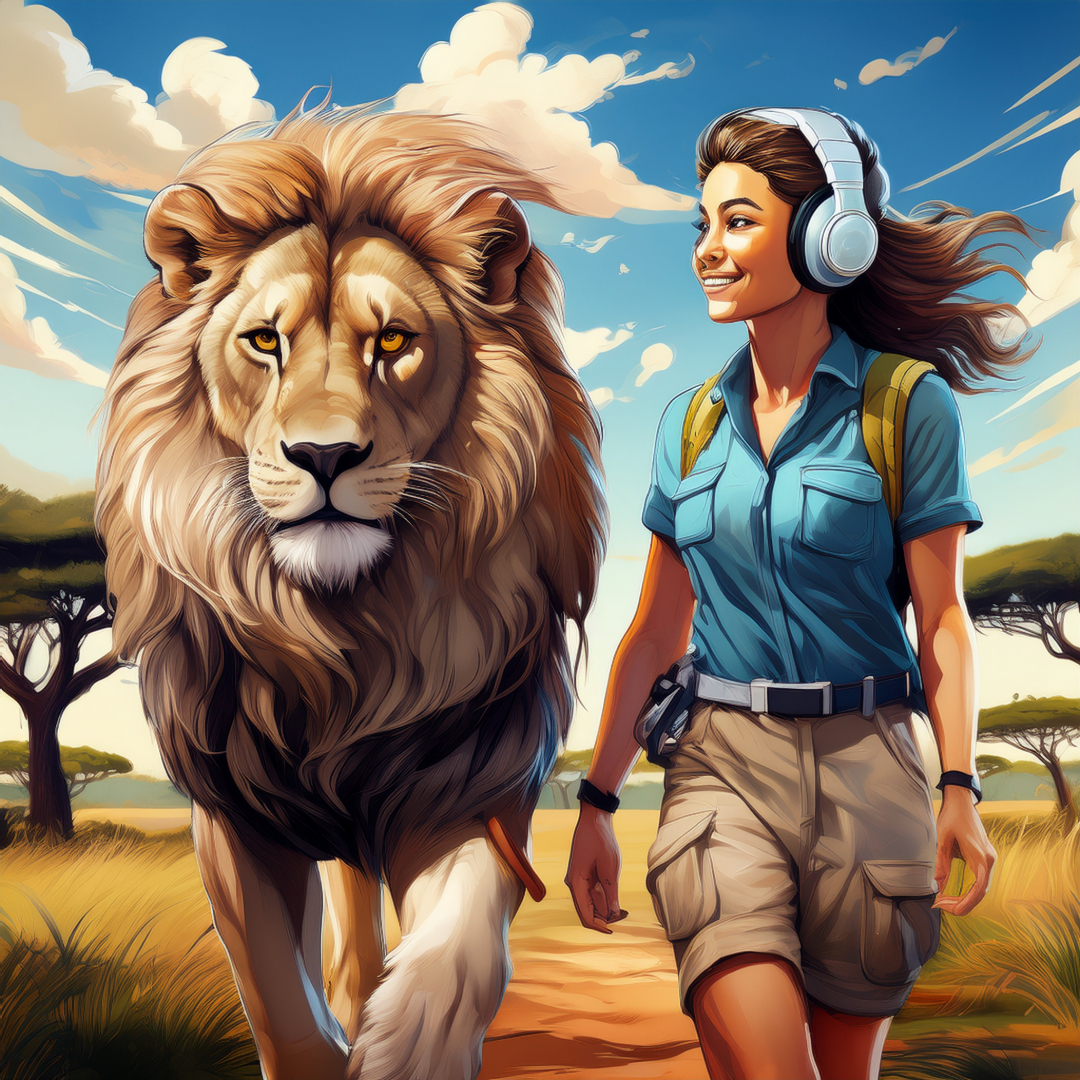 a conservationist has headphones on as she walks through the Safari with a giant lion. This illustration artwork is to symbolise the compatibility of a Leo with a Virgo.
